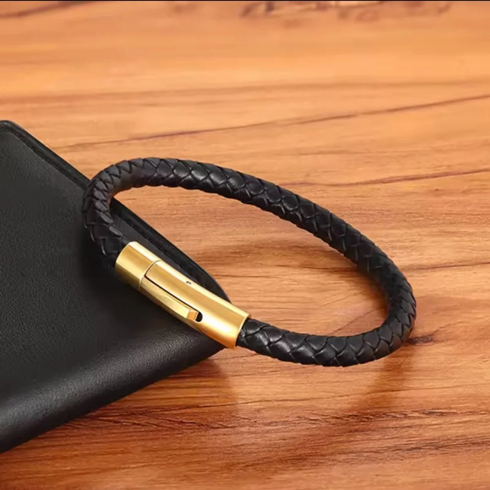 Men’s Leather Bangle Black Leather Bracelet 9”